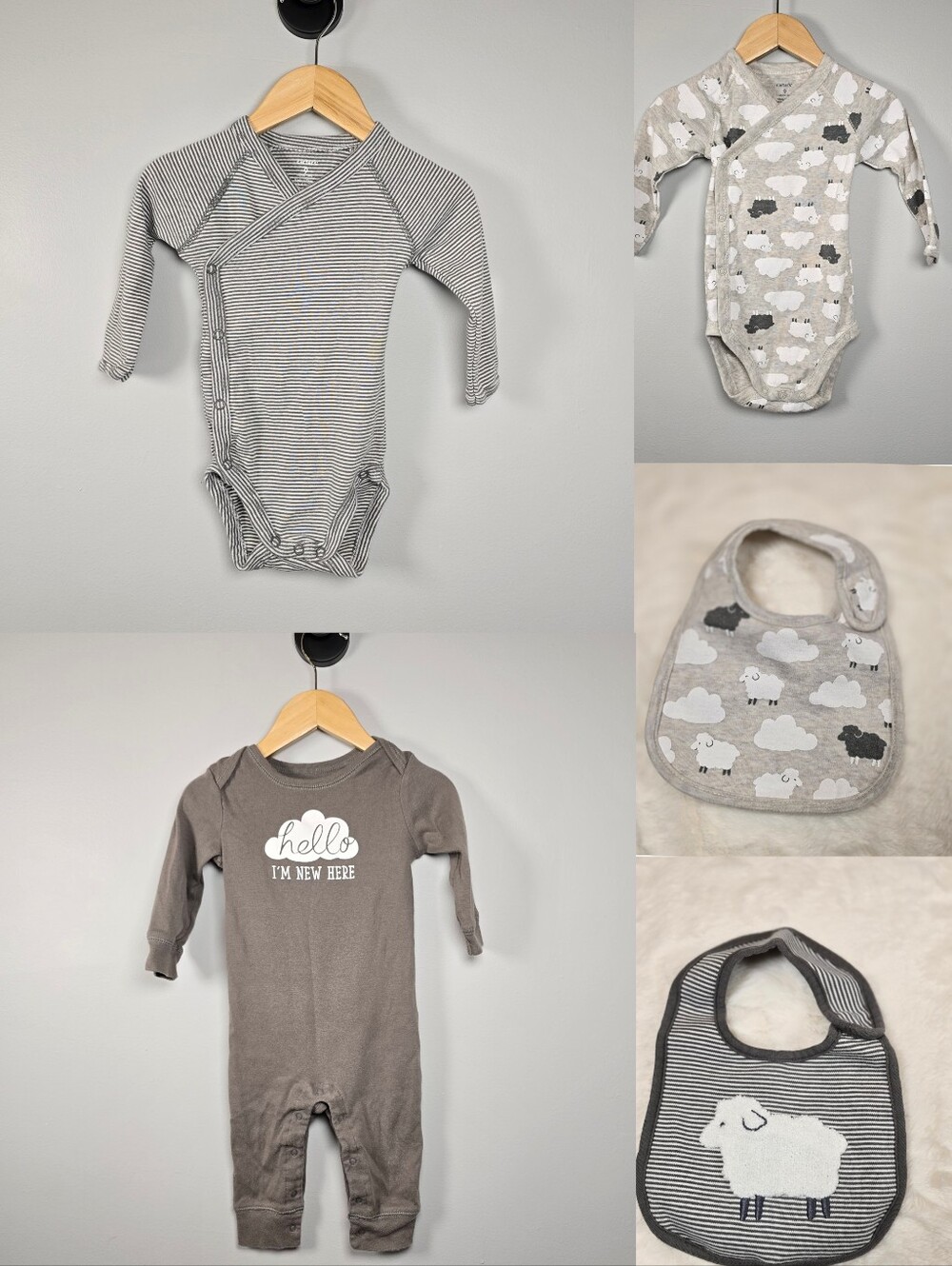 Carter's Grey & White Sheep Jumper, Bib and Bodysuit Set - 5 Piece Bundle